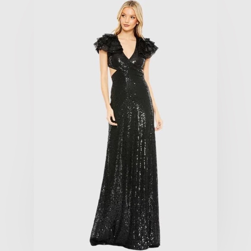 MAC DUGGAL Black Ruffle Shoulder Sequin Embellished Gown